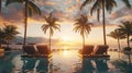 Sunset Over Pool and Palms.AI generated image Royalty Free Stock Photo