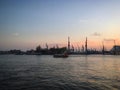 Sunset over the Port of Hamburg and Elbe river, Germany, April 2019 Royalty Free Stock Photo