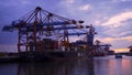 Sunset over the port of Hamburg - HAMBURG CITY, GERMANY - MAY 10, 2021 Royalty Free Stock Photo