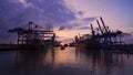 Sunset over the port of Hamburg Royalty Free Stock Photo