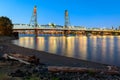 Sunset over Portland downtown waterfront city skyline along Willamette River by Hawthorne Bridge Royalty Free Stock Photo