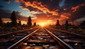 Sunset over railroad track, nature beauty vanishing into the horizon generated by AI Royalty Free Stock Photo