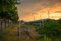 Sunset over the railroad tracks in Godsbanen district in Aarhus, Denamrk Royalty Free Stock Photo