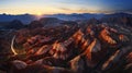 Sunset over the Rainbow Mountains in Danxia landform, China