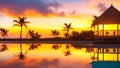 A sunset over a resort with palm trees and a hut in the foreground Royalty Free Stock Photo