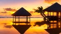 A sunset over a resort with palm trees and a hut in the foreground Ai Generated Royalty Free Stock Photo