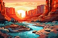 Sunset over the river in Canyonlands National Park in Utah illustration, Canyon with a river between the rocks at dawn time. Post-