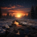 sunset over the river, with clear sky showing stars and clouds Royalty Free Stock Photo