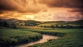 Sunset over the river flowing through the hills Royalty Free Stock Photo