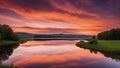 sunset over the river _A lake and a road at sunset with a stunning reflection. The image shows a calm and serene scene Royalty Free Stock Photo