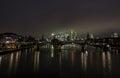 Sunset over the river Main in Frankfurt. View of the skyline with a bridge in the foreground. Cityscape at night