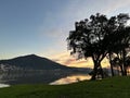 Sunset over the river Minho, mountain and the trees near Eiras, O Rosal, Galicia, Spain, January 2023 Royalty Free Stock Photo