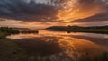 sunset over the river a nature landscape with a lake and a water mirror reflecting an orange and yellow sunset sky