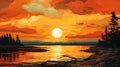 Sunset Over The River: Pop Art Style Painting With Romantic Moonlit Seascapes