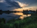 Sunset over the river. Pudost village. Russia