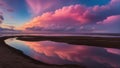 sunset over the river A rainbow sunset on blue pink sky yellow clouds skyline, water sea reflection beautiful landscape Royalty Free Stock Photo