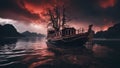 sunset over the river A scary canal boat with a dead tree in a sea of blood, with storm clouds