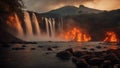 sunset over the river waterfall of fire, with a landscape of burning trees and lava, with a Ban Gioc waterfall