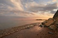 Sunset over the river, wide angle view, selective focus Royalty Free Stock Photo