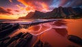 a sunset over a rocky beach with a wave coming in to the shore and mountains in the distance, with a red sky and clouds. Royalty Free Stock Photo
