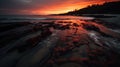 a sunset over a rocky beach with waves crashing on the shore Royalty Free Stock Photo