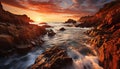 Sunset over rocky cliff, waves crash on tranquil coastline generated by AI Royalty Free Stock Photo