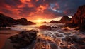 Sunset over rocky coastline, nature beauty reflected in tranquil waters generated by AI Royalty Free Stock Photo