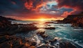 Sunset over rocky coastline, nature beauty reflected in tranquil waters generated by AI Royalty Free Stock Photo