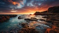 Sunset over rocky coastline, nature beauty reflected in tranquil waters generated by AI Royalty Free Stock Photo