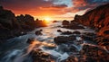 Sunset over the rocky coastline, nature beauty reflected in water generated by AI Royalty Free Stock Photo