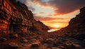 Sunset over the rocky coastline, nature beauty in tranquil silhouette generated by AI Royalty Free Stock Photo