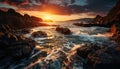 Sunset over the rocky coastline, nature tranquil beauty reflected generated by AI Royalty Free Stock Photo