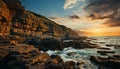 Sunset over the rocky coastline, nature tranquil beauty reflected in water generated by AI Royalty Free Stock Photo