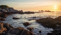 Sunset over rocky coastline, water reflects tranquil beauty of nature generated by AI Royalty Free Stock Photo