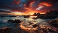 Sunset over rocky coastline, water waves reflect tranquil twilight beauty generated by AI