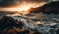 Sunset over rocky coastline, waves breaking peacefully generated by AI Royalty Free Stock Photo