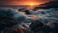 Sunset over rocky coastline, waves breaking splashing generated by AI Royalty Free Stock Photo