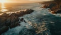Sunset over rocky coastline, waves crash below generated by AI Royalty Free Stock Photo