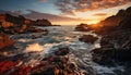 Sunset over rocky coastline, waves crash, nature beauty revealed generated by AI Royalty Free Stock Photo