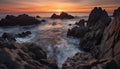 Sunset over rocky coastline, waves crash, nature beauty unfolds generated by AI Royalty Free Stock Photo