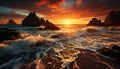 Sunset over rocky coastline, waves crash, nature beauty unfolds generated by AI Royalty Free Stock Photo