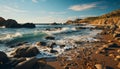 Sunset over rocky coastline, waves crash, nature tranquil beauty generated by AI Royalty Free Stock Photo