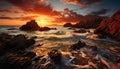 Sunset over the rocky coastline, waves crashing, nature tranquil beauty generated by AI Royalty Free Stock Photo