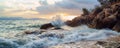 Sunset over rocky coastline with waves Royalty Free Stock Photo