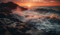 Sunset over rocky coastline, waves splashing tranquilly generated by AI Royalty Free Stock Photo