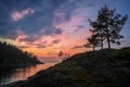 Sunset over rocky lake shores