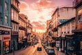 Sunset over Rua dos Clerigos in Porto, Portugal.