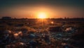 Sunset over ruined garbage dump, environmental damage evident generated by AI