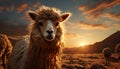 Sunset over a rural farm, an alpaca grazes in nature generated by AI Royalty Free Stock Photo