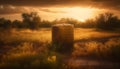 Sunset over rural farm, bales of hay generated by AI Royalty Free Stock Photo
